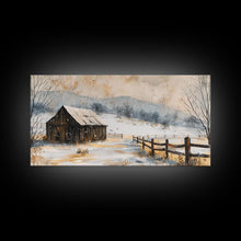 Load image into Gallery viewer, Snowy Barn in Winter Field, Framed Canvas Print, Rustic Wall Art, Living Room Decor, Farmhouse Style, Winter Landscape
