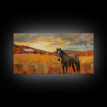 Carregar imagem no visualizador da galeria, Black Horse in Autumn Field with Red Barn, Perfect Farmhouse Art, Framed Canvas Print, Rustic Wall Decor, Living Room Decoration
