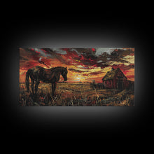 Load image into Gallery viewer, Dark Horse at Sunset with Barn, Stunning Abstract Art, Framed Canvas Print, Boho Wall Art, Bedroom Decor, Unique Home Decoration
