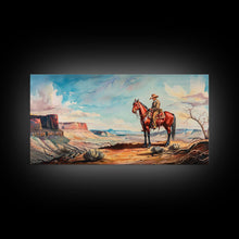Load image into Gallery viewer, Cowboy on Horse Overlooking Canyon, Majestic Western Art, Framed Canvas Print, Boho Wall Art, Living Room Decor, Home Decoration
