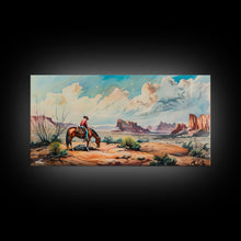 Load image into Gallery viewer, Cowboy Gazing Over Expansive Desert, Boho Western Landscape Art, Framed Canvas Print, Living Room Wall Decor, Rustic Country Style
