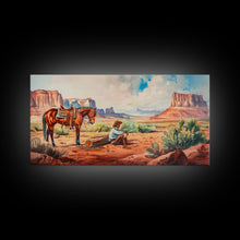 Load image into Gallery viewer, Cowboy Resting by Horse in Desert Scene, Rustic Farmhouse Art, Framed Canvas Print, Western Decor, Living Room Wall Art, Country Style
