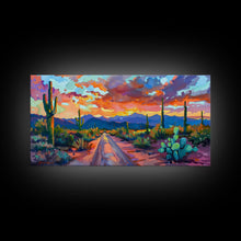 Carregar imagem no visualizador da galeria, Cacti and Mountains Under Sunset Sky, Vibrant Southwestern Landscape Art, Framed Canvas Print, Boho Living Room Decor, Desert Scene
