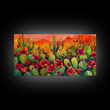 Cargar imagen en el visor de la galería, Colorful cactus garden in desert sunset, Framed Canvas Print, perfect for farmhouse living room, bohemian wall art

