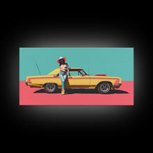 Load image into Gallery viewer, Bold Cowgirl Posing with Yellow Car, Pop Art Framed Canvas Print for Living Room, Ideal Bedroom Wall Art, Unique Home Decor
