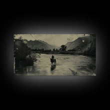 Load image into Gallery viewer, Cowboy Crossing River with Mountains, Framed Canvas Print for Western Living Room Decor, Ideal Bedroom Wall Art, Rustic Scene
