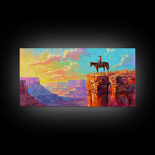 Load image into Gallery viewer, Cowboy on Horse Overlooking Canyon Sunset, Farmhouse Style Framed Canvas Print for Living Room Wall Art, Vibrant Home Decor, Western Scene
