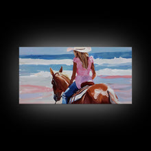 Load image into Gallery viewer, Cowgirl Riding Horse by the Ocean, Tranquil Framed Canvas Print, Perfect for Coastal Living Room Art, Beach Bedroom Decor, Horse Wall Art
