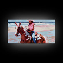 Load image into Gallery viewer, Cowgirl on Horse at the Beach, Stunning Framed Canvas Print, Ideal for Coastal Living Room Art, Beach Bedroom Decor, Equestrian Wall Art
