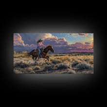 Load image into Gallery viewer, Cowgirl Galloping Across Desert Landscape, Vibrant Framed Canvas Print, Perfect for Living Room Art, Western Bedroom Decor, Desert Wall Art
