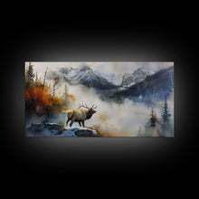 Load image into Gallery viewer, Majestic Elk in Misty Mountains, Framed Canvas Print, Perfect for Living Room Art, Rustic Bedroom Decor, Nature Wall Art, Wildlife Scene
