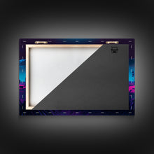 Load image into Gallery viewer, American Buffalo, Retrowave art, herd of Bison and a full moon, framed canvas print
