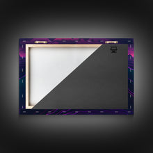 Load image into Gallery viewer, 3 Blue Whales Breaching at Sunset, vaporwave synthwave ocean art, framed canvas print

