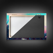 Carregar imagem no visualizador da galeria, Black panther on the hunt in the jungle, glowing blue eyes, synth wave aesthetic art, framed canvas print

