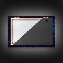 Carregar imagem no visualizador da galeria, Black panther on the hunt in the jungle, glowing blue eyes, synth wave aesthetic art, framed canvas print
