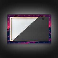 Load image into Gallery viewer, Deer at sunset, outrun style nature animal print, framed canvas print, sunrise art
