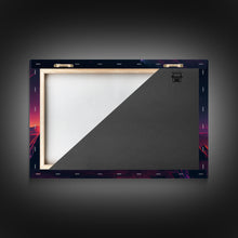 Load image into Gallery viewer, Campfire under a Full Moon, Framed canvas print, retro synthwave / outrun style primitive home decor
