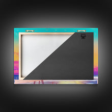 Load image into Gallery viewer, Colorful sunset Wall art, Framed Canvas Print, Synthwave Style, Guest room art, Pop Art Style, Watercolors, Beautiful art, Tropical Art
