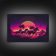 Load image into Gallery viewer, Zebra running through the plains, synthwave art, framed canvas print, framed wall art
