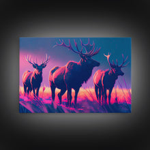 Load image into Gallery viewer, Vaporwave landscape, Elk in the plains at sunset, framed canvas art, canvas print, framed wall art
