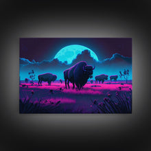 Load image into Gallery viewer, American Buffalo, Retrowave art, herd of Bison and a full moon, framed canvas print
