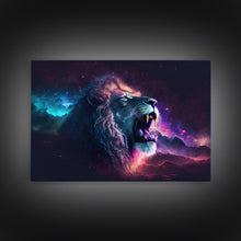 Cargar imagen en el visor de la galería, Cosmic Roar, lion roaring at the stars, synthwave galaxy and lion art, framed canvas print, unique framed wall art
