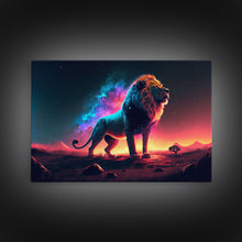 Load image into Gallery viewer, Cosmic roar watercolor, Lion staring at the stars over Africa, framed canvas print, unique vibrant wall art
