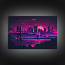 Load image into Gallery viewer, Cyberpunk San Francisco, Futuristic city skyline art, framed canvas print,  Synthwave / vaporwave cityscape decor

