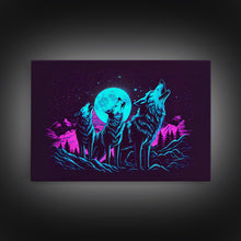 Load image into Gallery viewer, Howl at the moon - turquoise wolf pack howling at the moon, framed canvas print, vaporwave art

