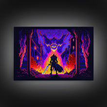 Load image into Gallery viewer, 8 bit Pixel art, RPG video game concept art, Paladin faces the Dragon, synthwave style, framed canvas print
