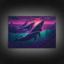 Load image into Gallery viewer, 3 Blue Whales Breaching at Sunset, vaporwave synthwave ocean art, framed canvas print
