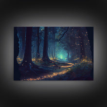 Load image into Gallery viewer, The magical enchanted forest is lit brightly with fireflies at night, framed canvas print, fantasy art
