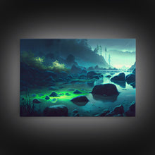 Cargar imagen en el visor de la galería, Bioluminescent glowing river, cool nature watercolor art, framed canvas print
