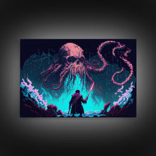 Load image into Gallery viewer, Warrior Vs Cthulhu, RPG concept pixel art, framed canvas print, outrun video game art
