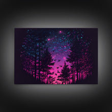 Load image into Gallery viewer, Synthwave Starry Night Time Lapse in a pine tree forest, framed canvas print, timelapse art
