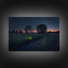 Cargar imagen en el visor de la galería, Fireflies light up the Oklahoma Prairie under a Starry night sky, framed canvas print
