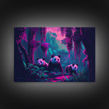 Load image into Gallery viewer, Cute pandas, jungle, framed canvas print, framed wall art, synthwave animal art

