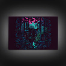 Load image into Gallery viewer, Panther in the jungle, framed canvas print, synthwave / vaporwave art
