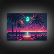 Load image into Gallery viewer, Outrun style full moon lit beach, framed canvas print, synthwave palm tree &amp; beach art

