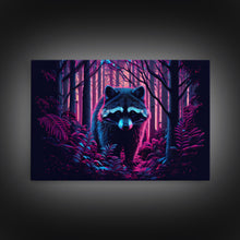 Cargar imagen en el visor de la galería, Cute racoon in the forest, vaporwave aesthetic animal art, framed canvas print, colorful animal art
