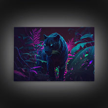 Carregar imagem no visualizador da galeria, Black panther on the hunt in the jungle, glowing blue eyes, synth wave aesthetic art, framed canvas print
