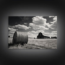 Carregar imagem no visualizador da galeria, Black and White Photo Of a Barn and Hay Bail, Liminal Art, Country Decor, Farmhouse Style Art, Canvas Print
