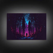 Cargar imagen en el visor de la galería, Contemplating the stars, vaporwave aesthetic, forest art, starry night, framed canvas print, outrun art
