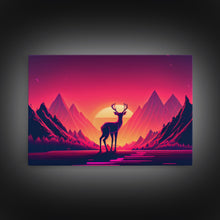 Load image into Gallery viewer, Deer at sunset, outrun style nature animal print, framed canvas print, sunrise art
