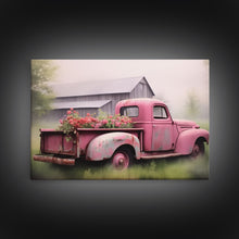 Load image into Gallery viewer, Framed Picture of old truck with beautiful flowers in bed of truck, farmhouse living, old barn, farmhouse distressed, framed canvas print
