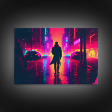 Load image into Gallery viewer, Cyberpunk bounty hunter art, vaporwave synthwave dystopian cityscape, framed canvas print
