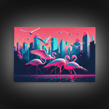 Load image into Gallery viewer, Pink Flamingos, Vaporwave aesthetic style art, framed canvas print, framed wall art
