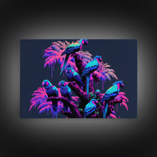 Load image into Gallery viewer, Synthwave Tropical Birds, Parrot Art, Framed canvas print, framed wall decor, vaporwave animal print
