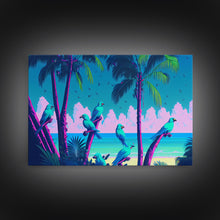 Load image into Gallery viewer, Tropical birds of paradise, synthwave, vaporwave wall art, framed canvas print
