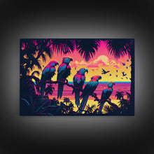 Load image into Gallery viewer, Tropical birds of paradise, synthwave, vaporwave wall art, framed canvas print
